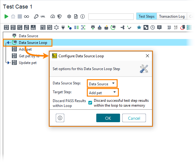 Setting up a data source loop in ReadyAPI: Select the data source and target test step