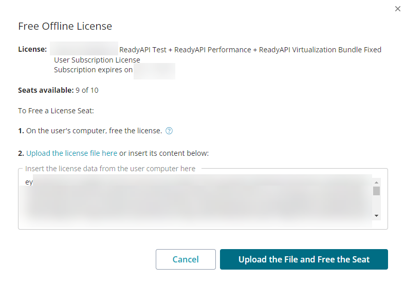Screenshot of the SmartBear Licensing Portal showing the Free Offline License dialog, where the administrator uploads license data to release a license seat.