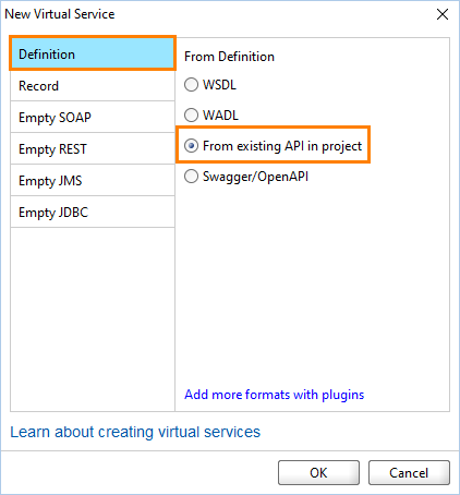 Service virtualization and API testing: New Virtual Service dialog
