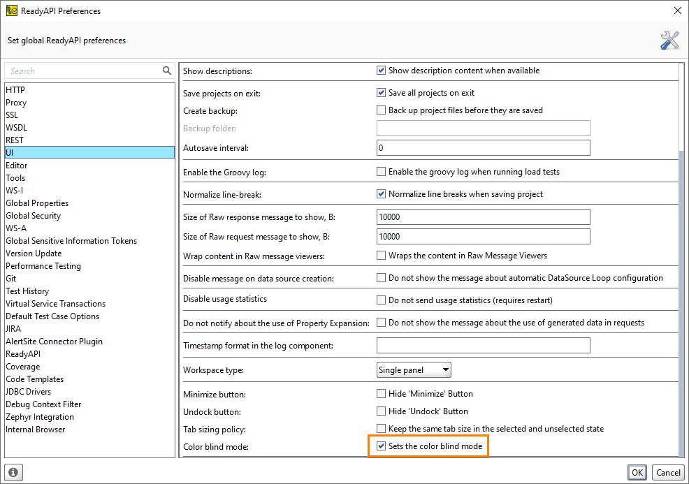 ReadyAPI Preferences: The UI tab ReadyAPI Preferences: The UI tab