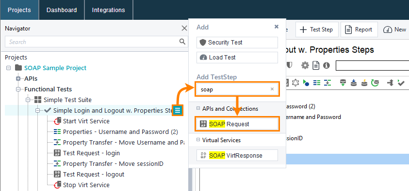 SOAP testing in ReadyAPI: Adding SOAP Request test step by using the flyout menu