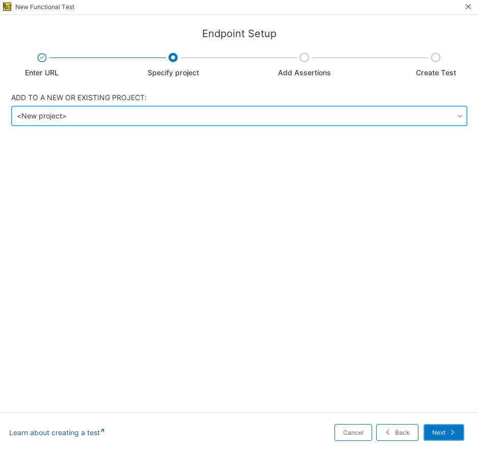 Endpoint Setup: Specify Project Select a project when creating a functional test from an endpoint in ReadyAPI.