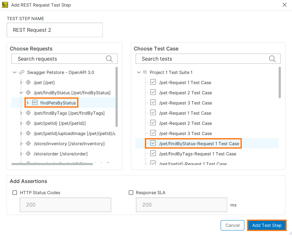 Add REST Request Test Step dialog in ReadyAPI Add REST Request Test Step dialog showing request selection, test case selection, and Add Test Step button.
