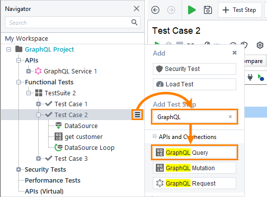 GraphQL testing in ReadyAPI: Adding GraphQL Query Request test step by using the flyout menu
