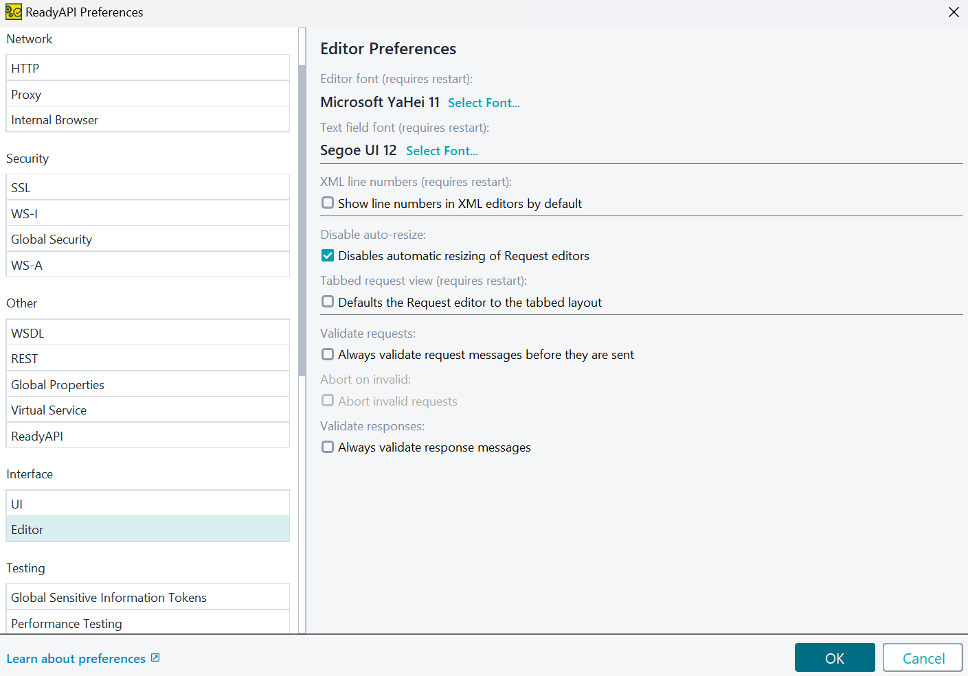 Editor Preferences dialog in ReadyAPI highlighting editor font and text field font configuration options.