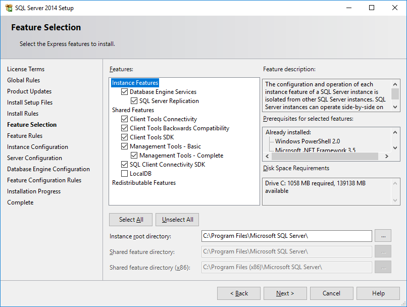 MS SQL Express: Feature Selection step