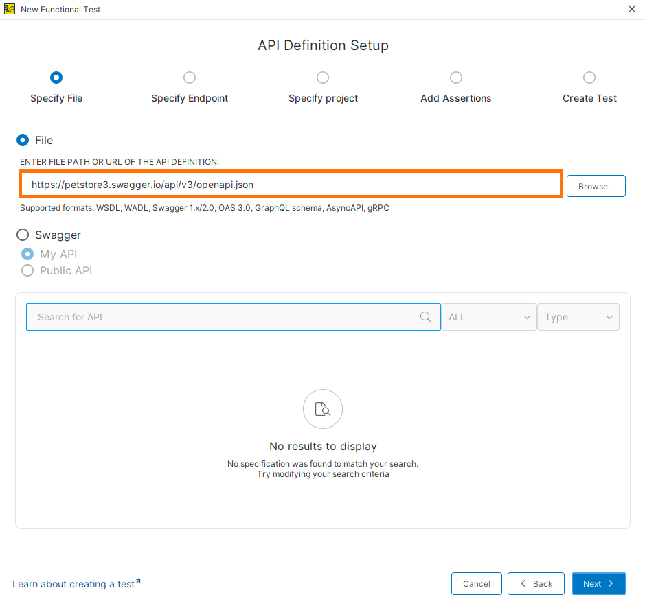 Enter API Definition URL (From File) API Definition Setup dialog showing a URL entered for an OpenAPI definition using the File option.