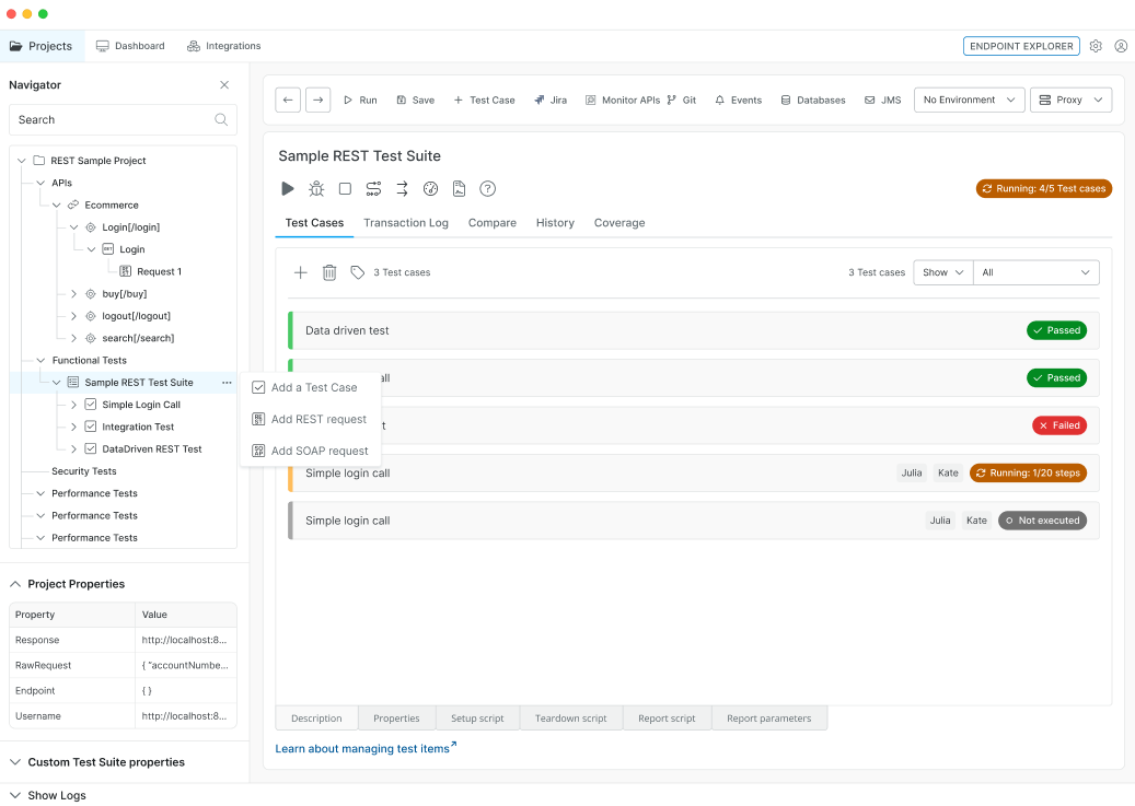 Screenshot of Sample REST Test Suite in ReadyAPI after the UI redesign, showing overall test status with pass/fail results for Simple Login Call, Integration Test, and Data-Driven REST Test.