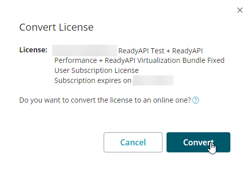 Screenshot of the SmartBear Licensing Portal showing the Convert License dialog with the option to convert an existing license to an online license.