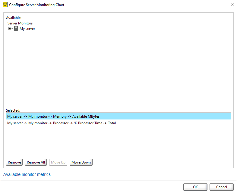API load testing with ReadyAPI: Configure Server Monitoring Chart