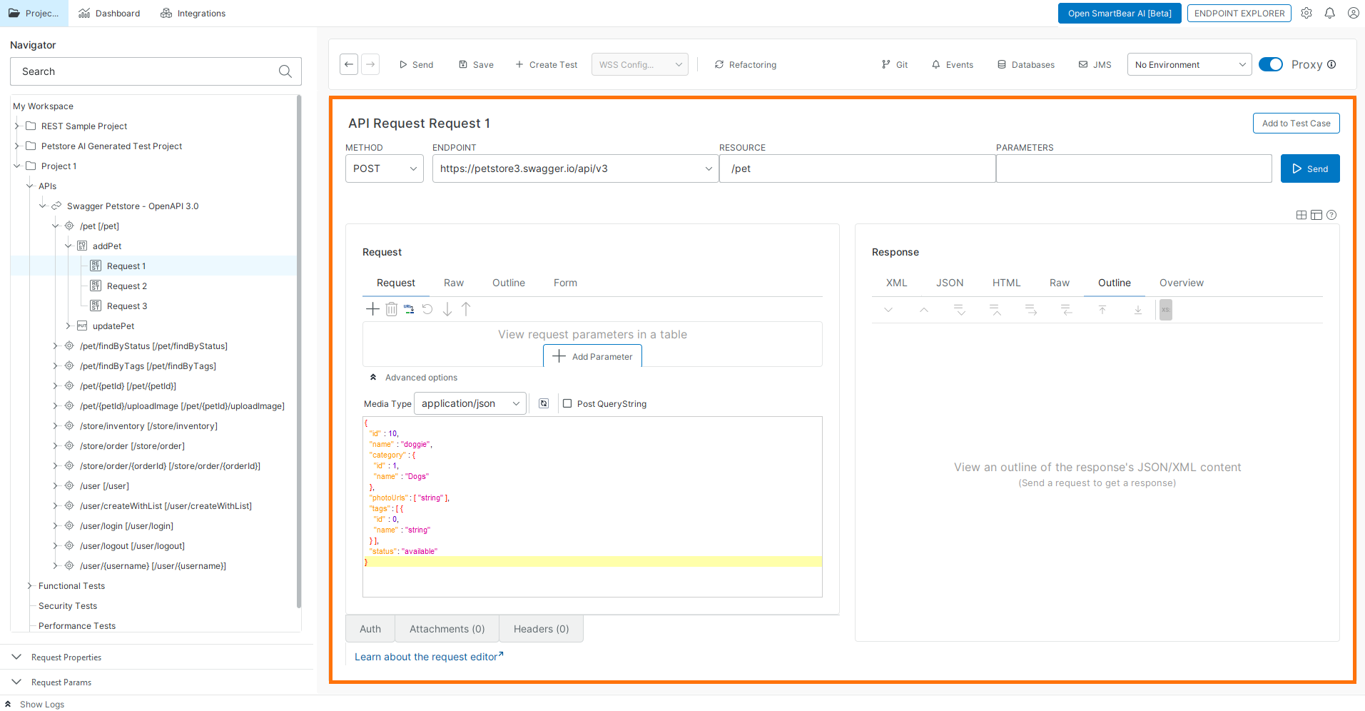 ReadyAPI request editor showing a POST request with endpoint, resource path, request body, and response panel.