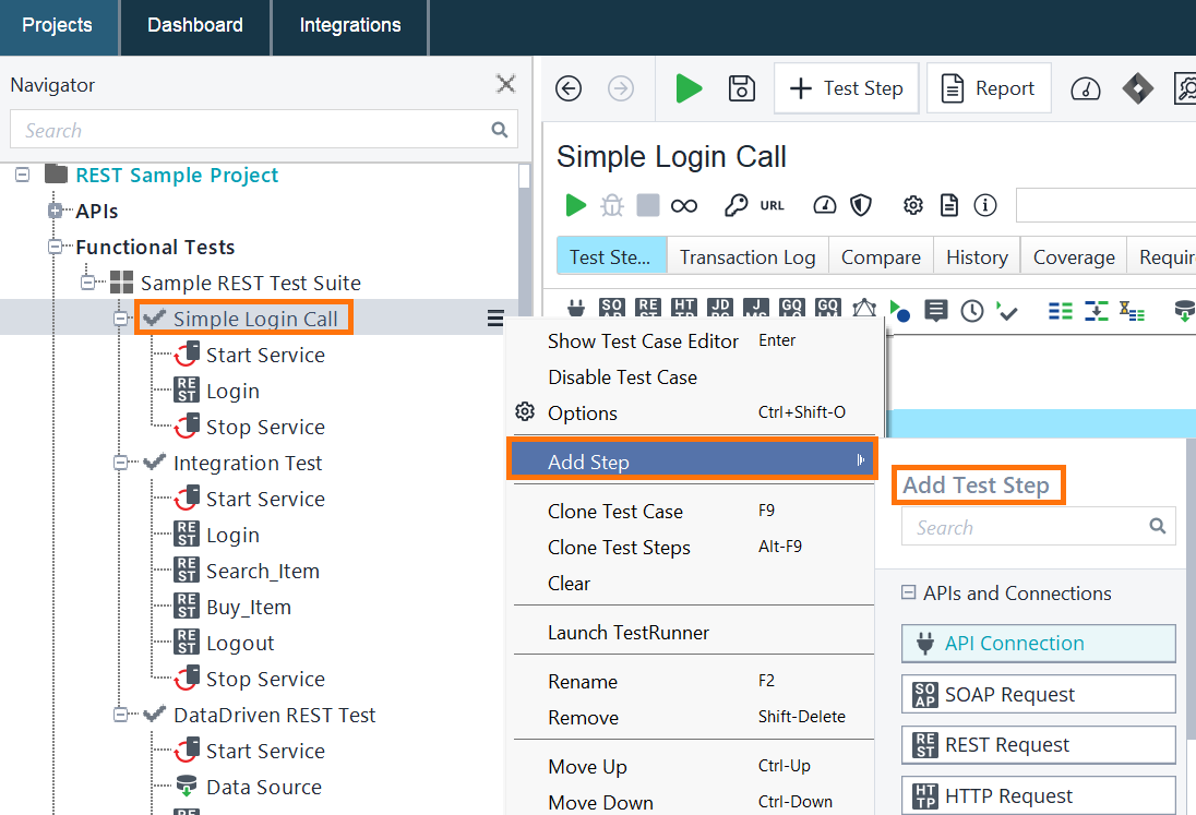 Add Test Step at the End of a Test Case – Right-Click Menu Screenshot of ReadyAPI showing how to add a test step at the end of a test case using the right-click context menu.