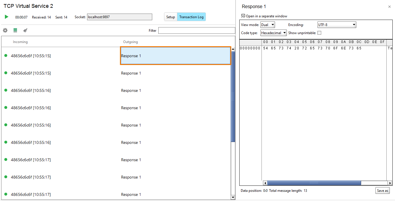 Service virtualization and API testing: TCP response log