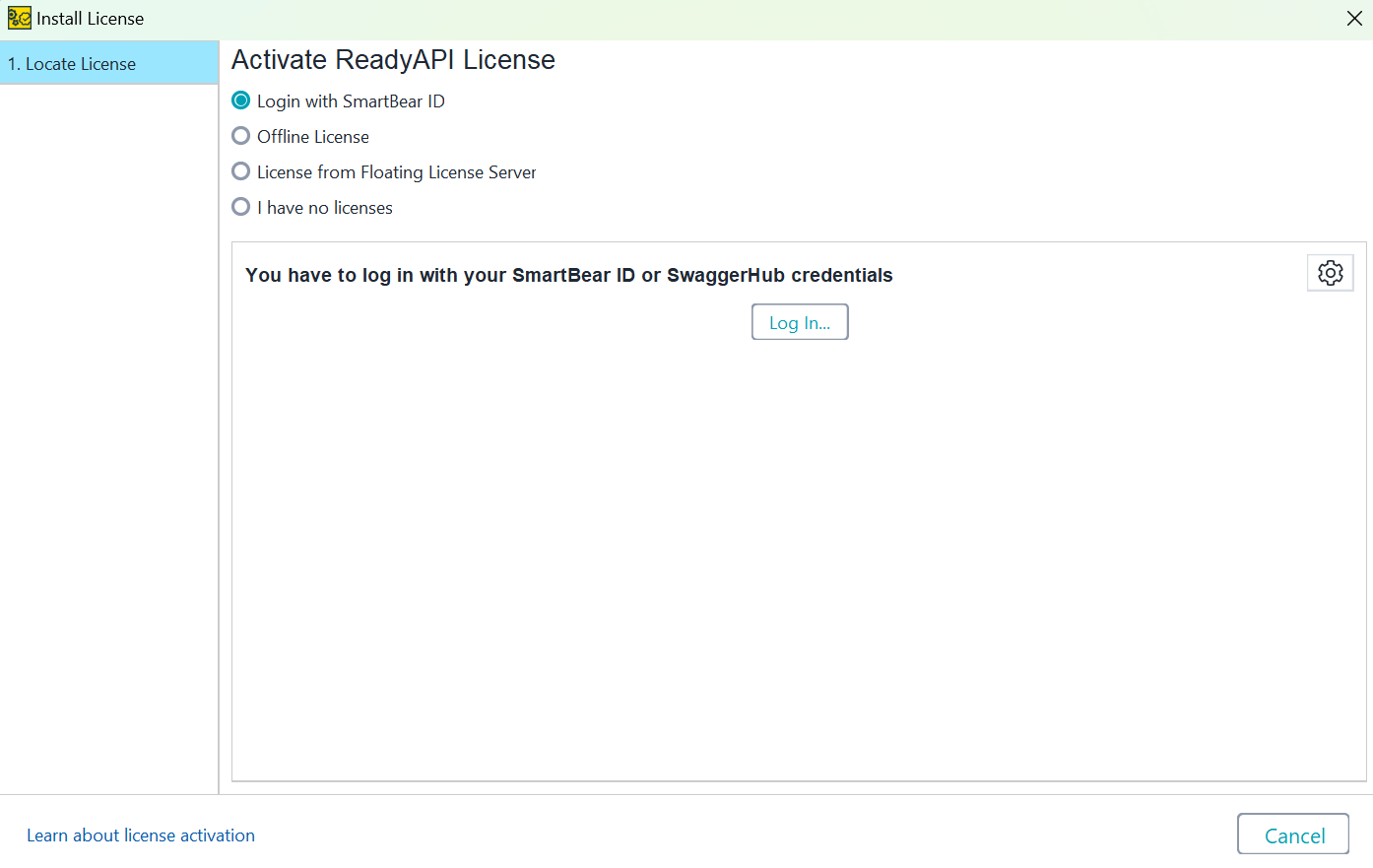 Screenshot of ReadyAPI showing the Install License dialog with activation options, highlighting the Login with SmartBear ID option that requires SmartBear ID or SwaggerHub credentials.