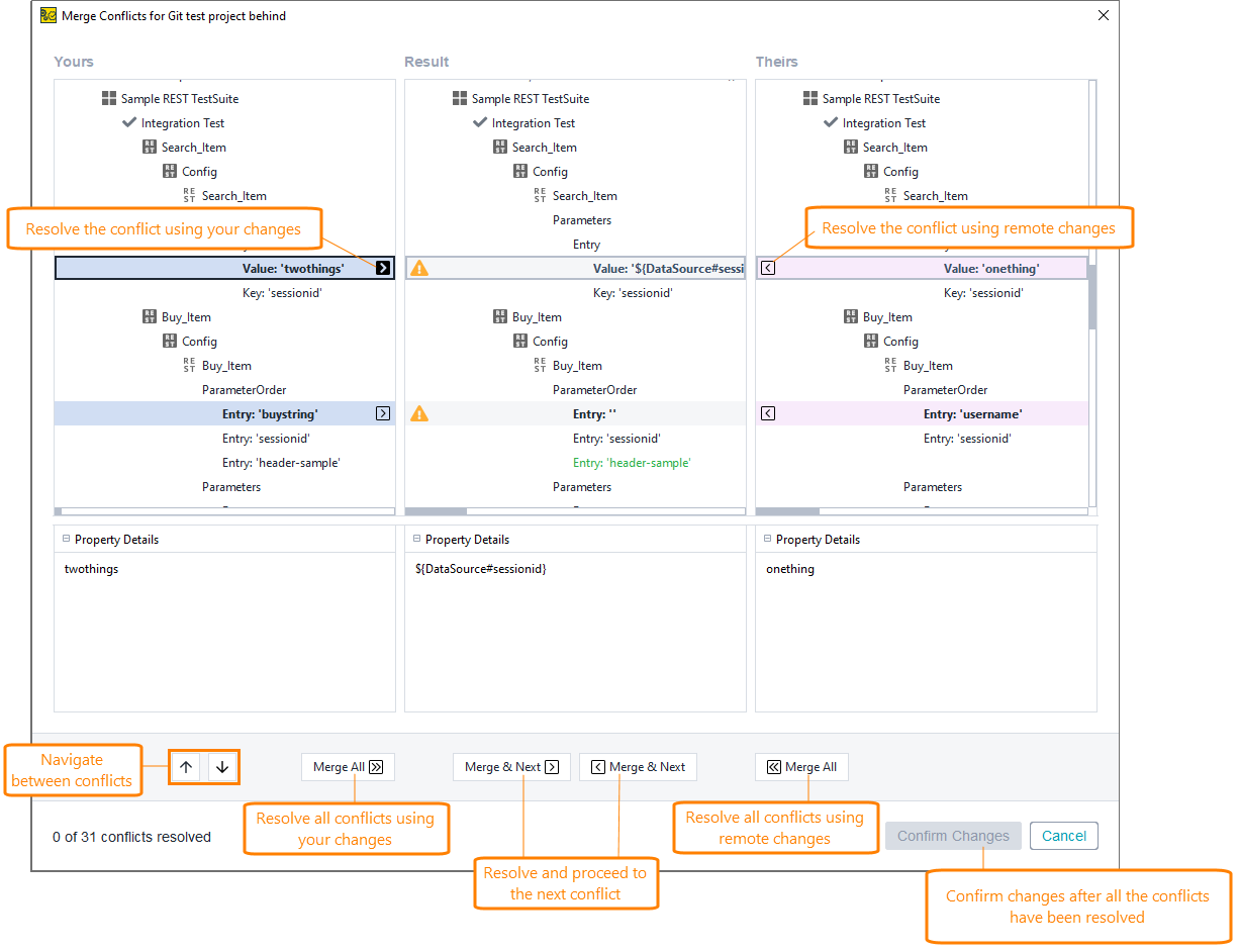 Git integration in ReadyAPI: Merge Conflicts dialog