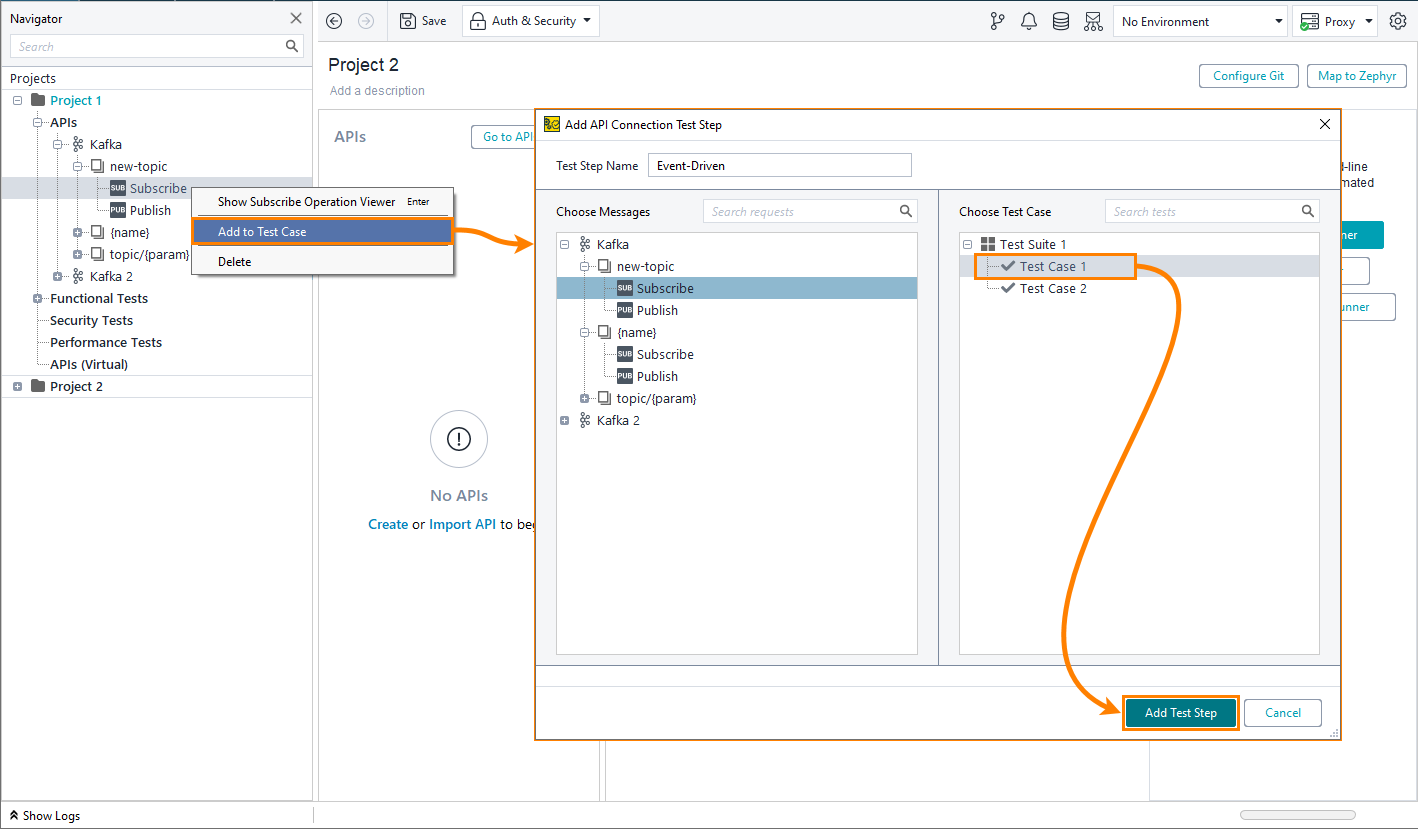 Testing Kafka services in ReadyAPI: Add Kafka operation to a test case