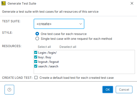 Generate Test Suite dialog Generate Test Suite dialog showing options for test suite name, test case structure, and selected resources.