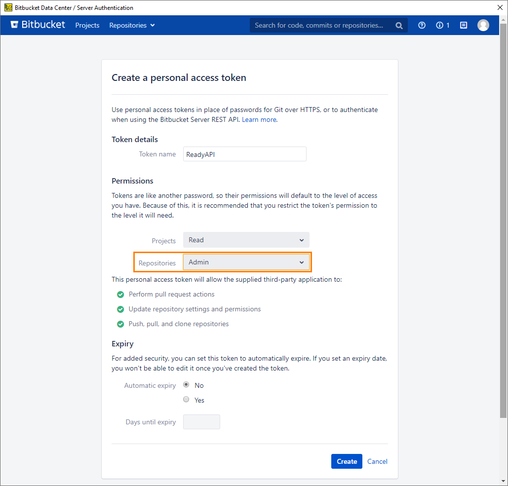 Add a Git account: Generate Bitbucket Data Center / Server token
