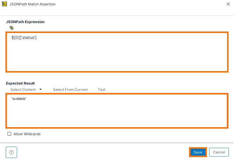 Configure JSONPath Match assertion for status value ReadyAPI dialog showing a JSONPath Match assertion with the expression .status and expected result set to available.