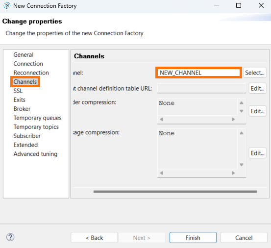 Channel properties dialog in IBM MQ Explorer with queue manager selected
