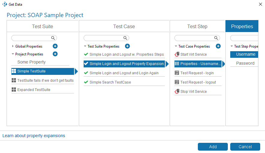 Web service testing with ReadyAPI: Get Data dialog