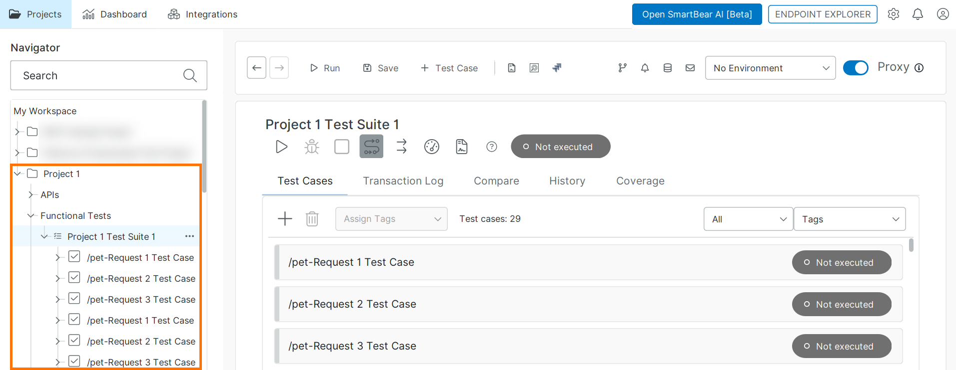 ReadyAPI interface highlighting the Navigator panel with project, APIs, and functional test suites.