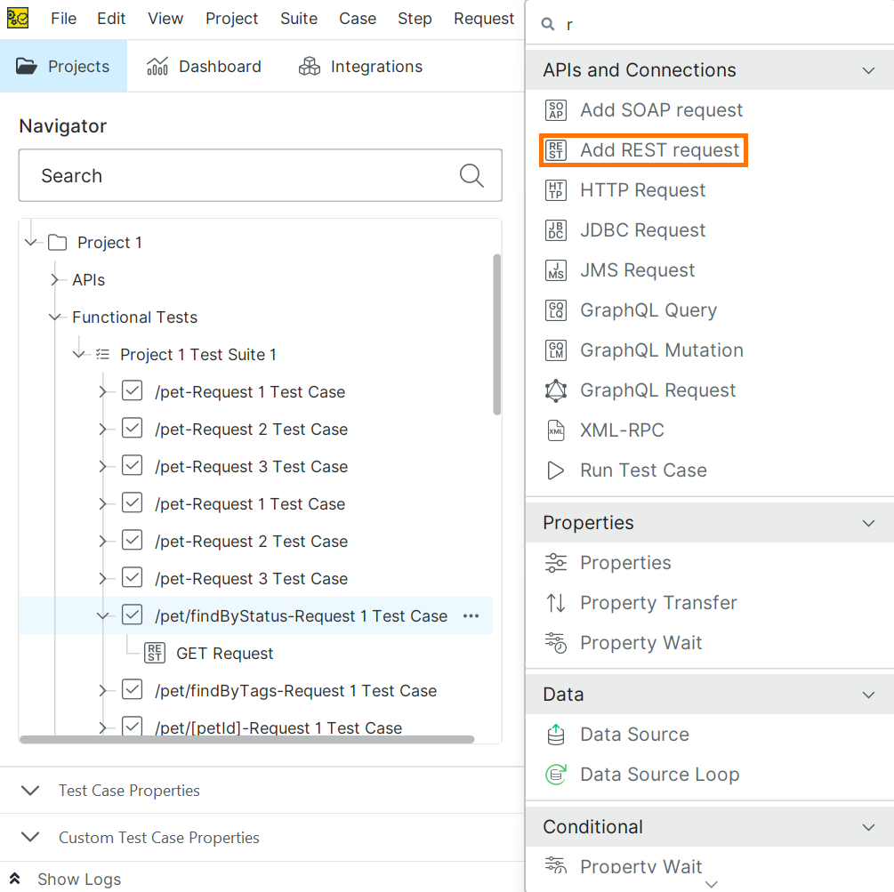 Add REST request test step from test case menu in ReadyAPI Test case selected in the Navigator with the context menu open, highlighting the Add REST request option to add a new REST test step.