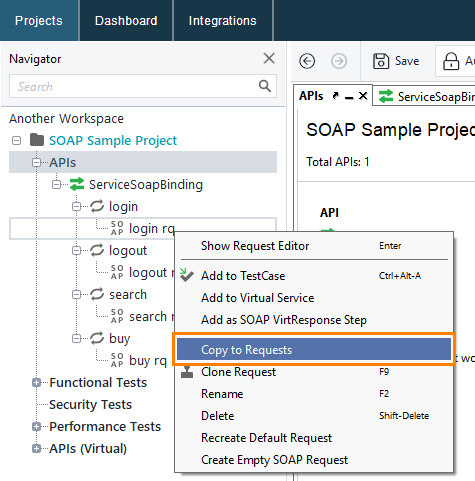 Calling the Copy to Requests dialogs from the context menu
