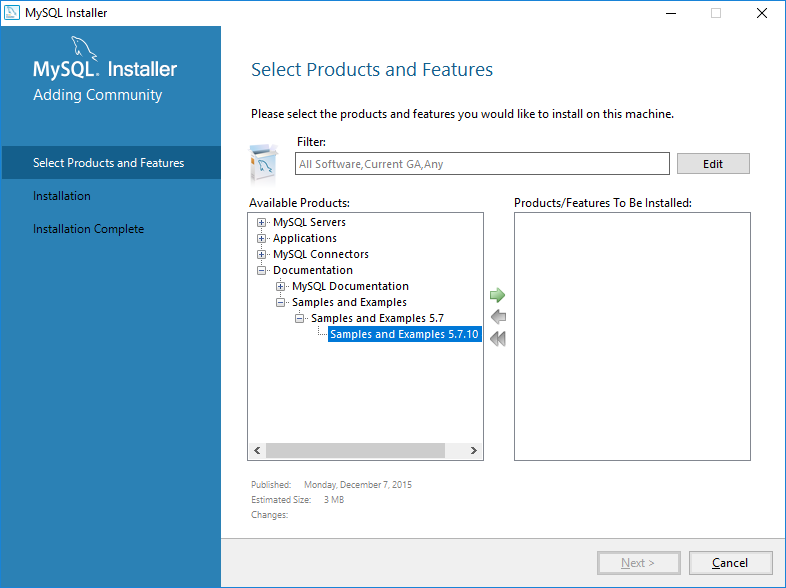 MySQL Installer: Selecting the sample database to install