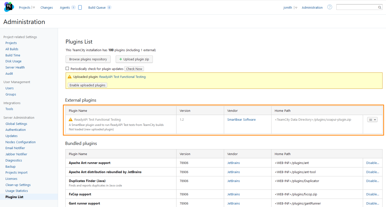 TeamCity: The installed ReadyAPI plugin
