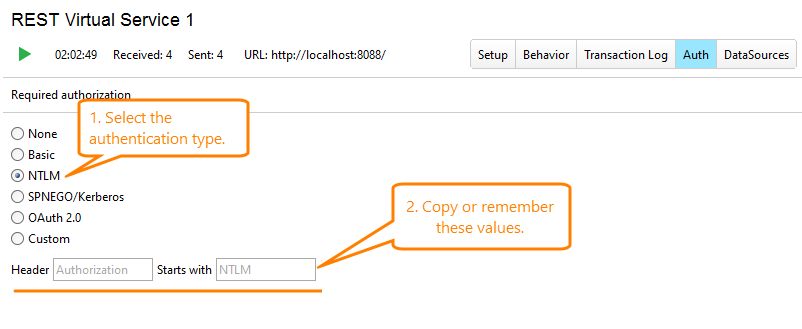 Service virtualization and API testing: Authentication settings of a virtual service