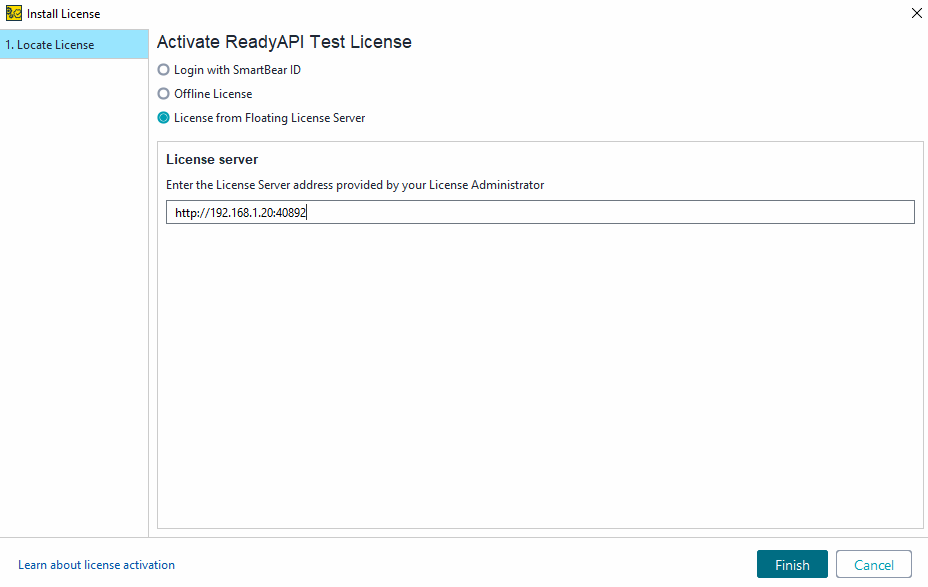 Screenshot of ReadyAPI showing license activation using a floating license server.