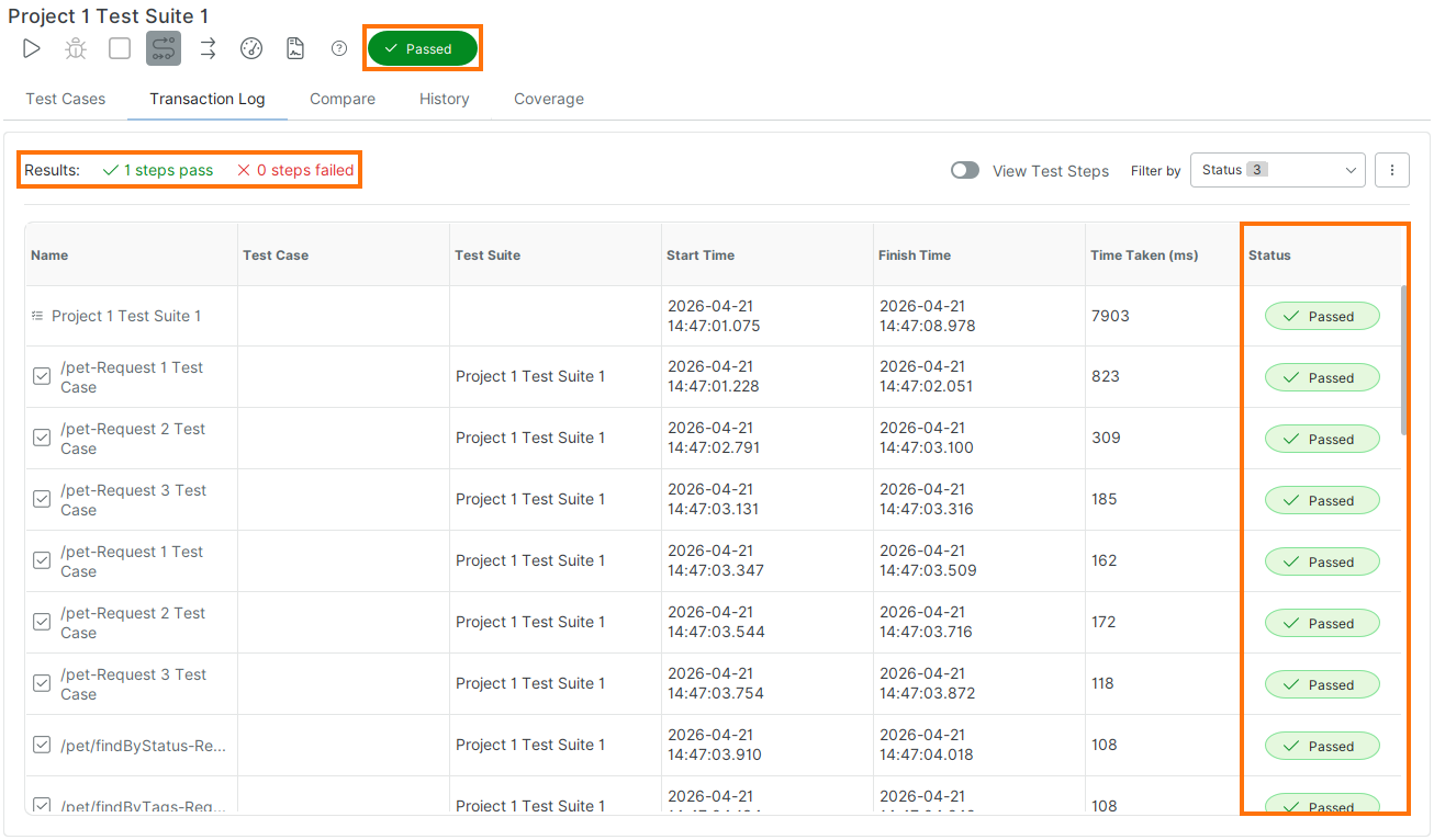 Transaction Log Test Results Overview Transaction Log showing test execution results with passed status and summary of steps.