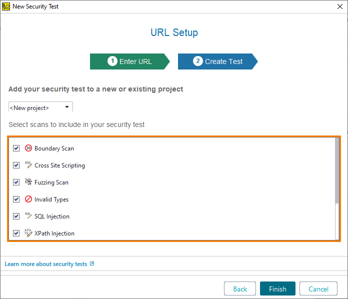 ReadyAPI: Selecting scans for the new security test