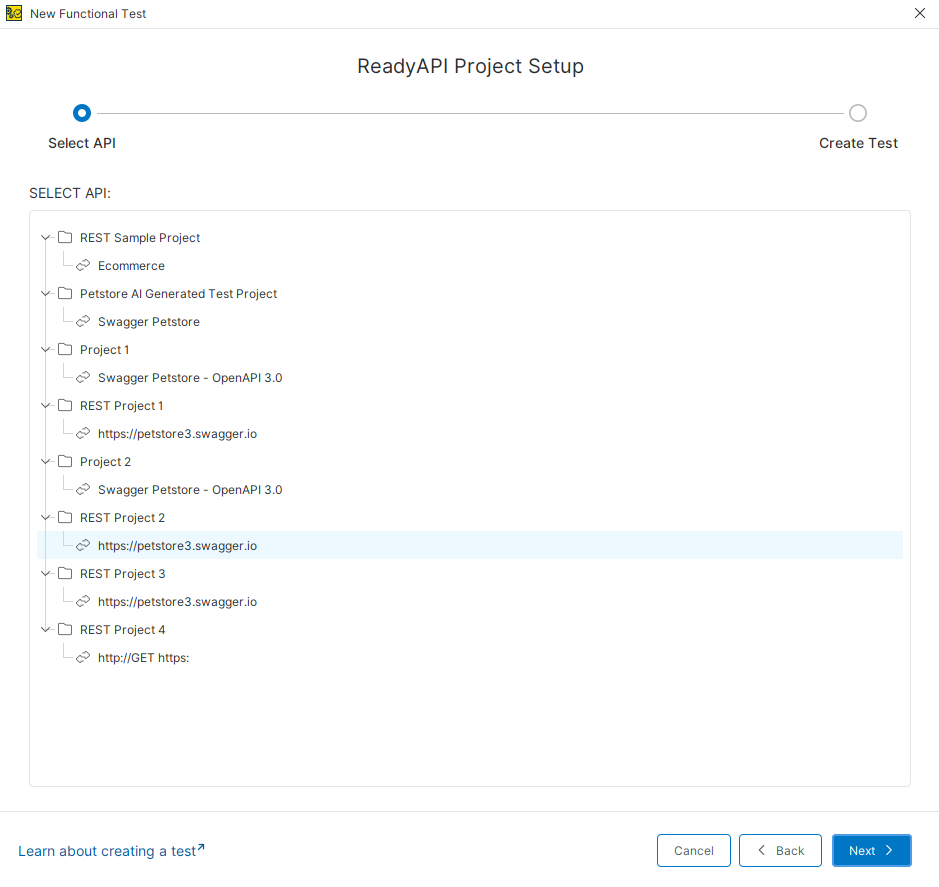 ReadyAPI Project Setup: Select API Select an API from an existing ReadyAPI project when creating a functional test.