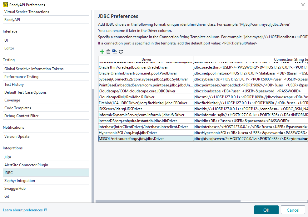 ReadyAPI: Drivers list with a connection string template ReadyAPI: Drivers list with a connection string template