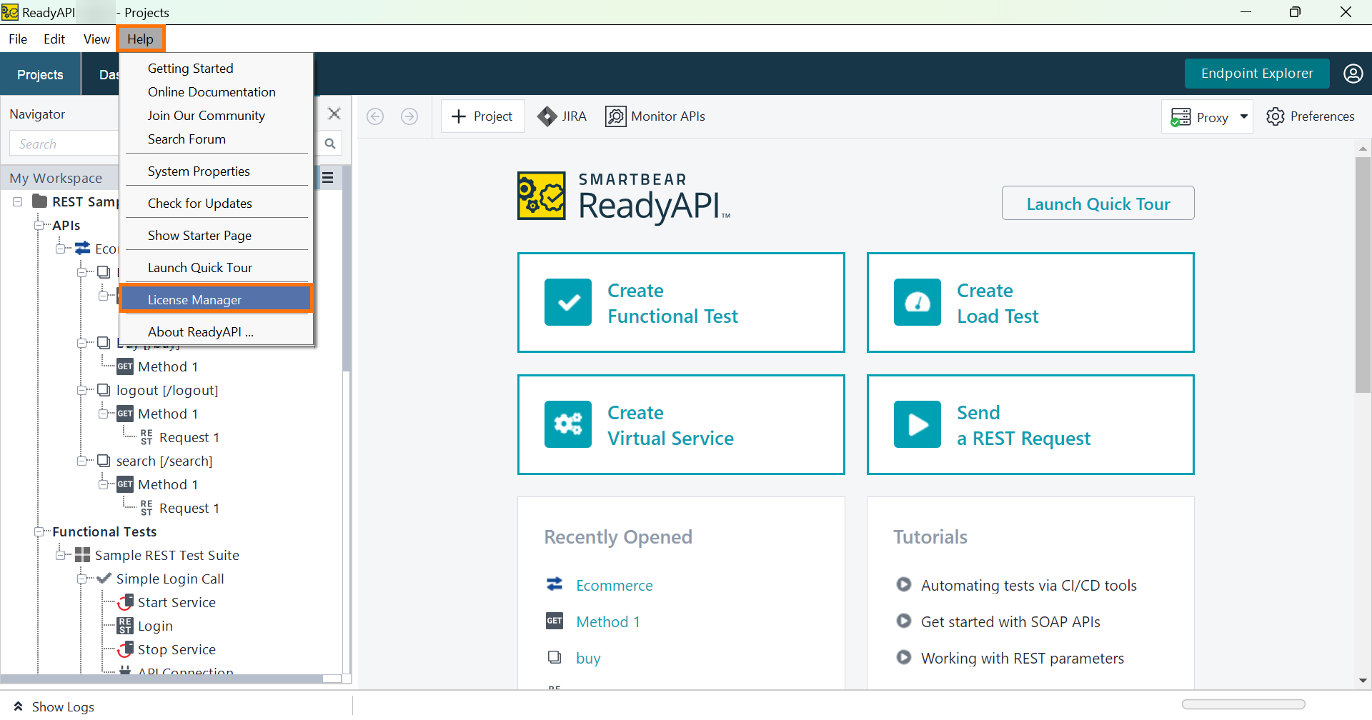 Screenshot of ReadyAPI showing how to open the License Manager from the Help menu.