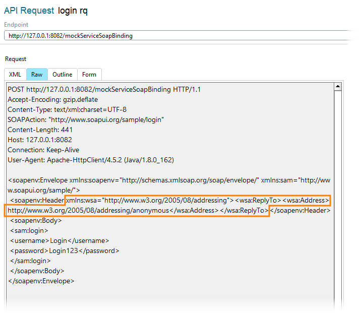 SOAP API testing: WS-Addressing inspector. The Raw view SOAP API testing: WS-Addressing inspector. The Raw view