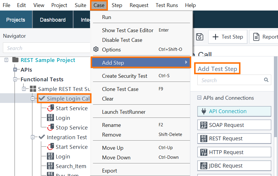 Insert Test Step in the Middle of a Test Case – Main Menu Screenshot of ReadyAPI showing how to insert a test step in the middle of a test case using the Step > Insert Step menu option.
