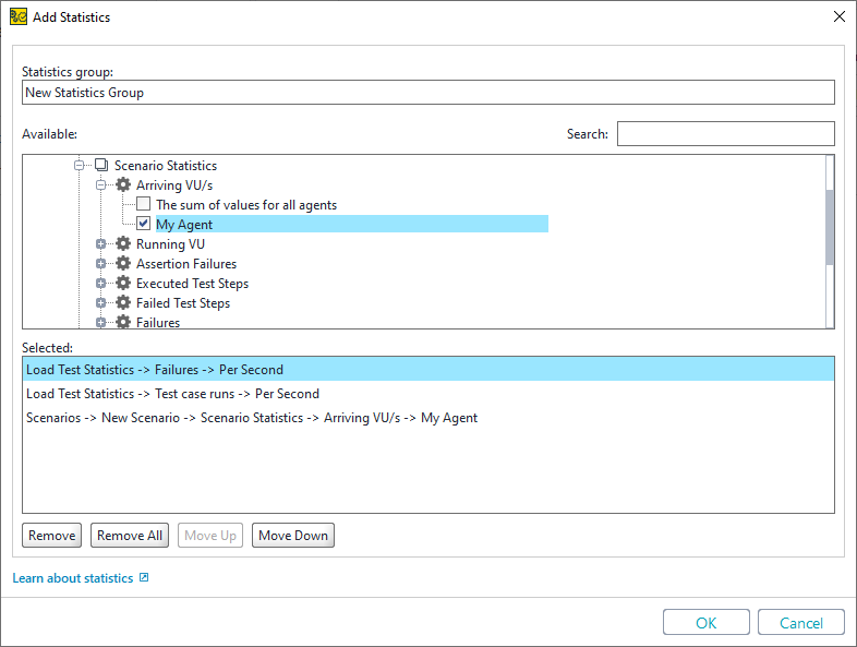 API distributed load testing with ReadyAPI: The Add Statistics Dialog