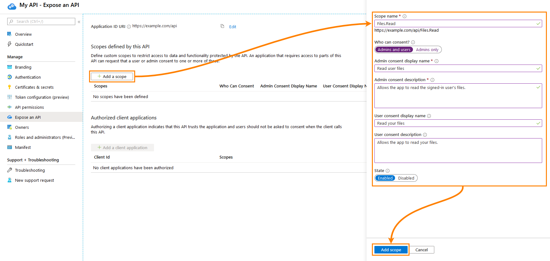 Azure OAuth 2.0 authentication tutorial: Adding a scope