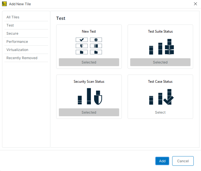 ReadyAPI dialog for selecting and adding dashboard tiles to a workspace.