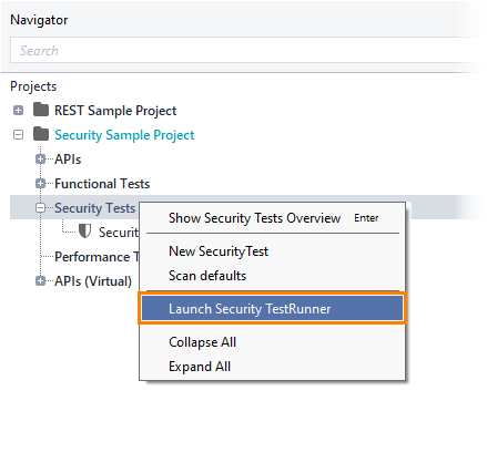 Launching the security test runner from the context menu of the Security Tests node