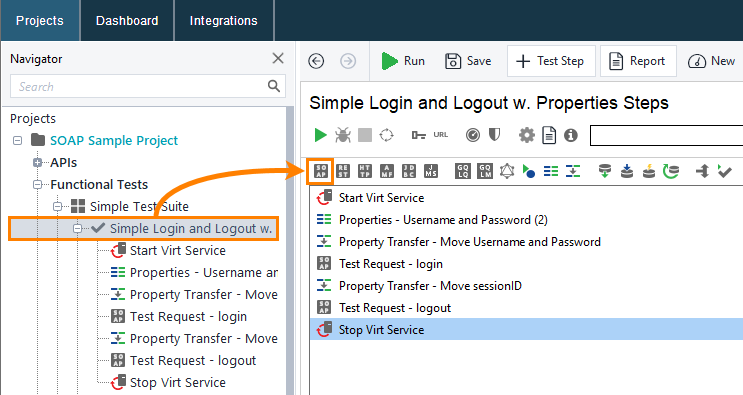 SOAP testing in ReadyAPI: Adding SOAP Request test step by using the test case toolbar