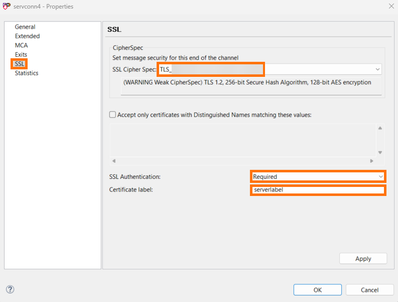 Selecting SSL Cipher Spec and setting SSL Authentication to Optional or Required
