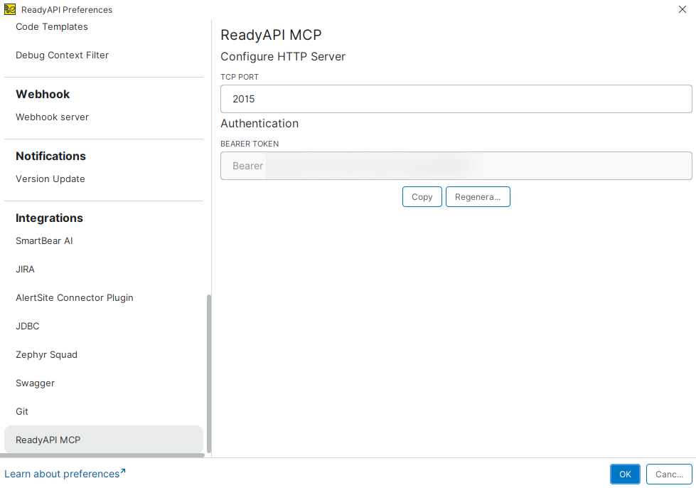 Preferences - ReadyAPI MCP Configuration The ReadyAPI Preferences dialog with ReadyAPI MCP selected in the left navigation under Integrations. The right panel shows the Configure HTTP Server section with a TCP Port field set to 2015, and an Authentication section with a Bearer Token field and Co