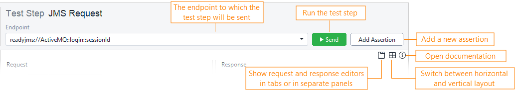 JMS Request test step toolbar for a SOAP service JMS Request test step toolbar for a SOAP service