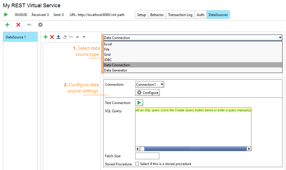 Service virtualization and API testing: Configuing data source connection settings