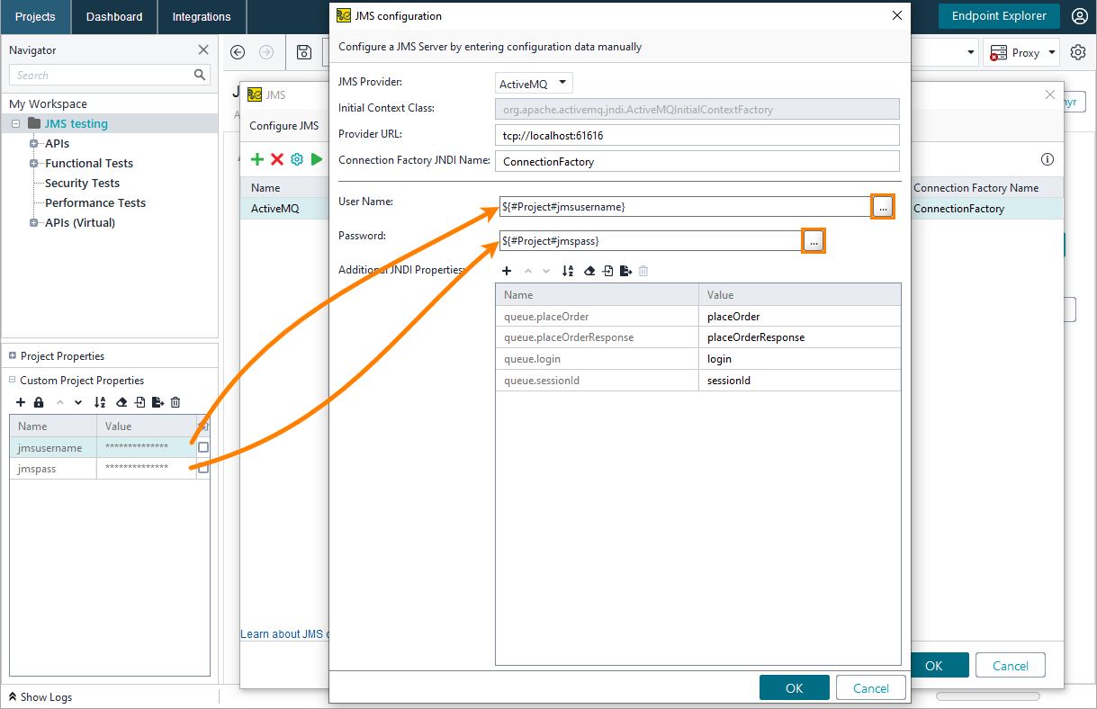 JMS testing: Passing username and password from project properties JMS testing: Passing username and password from project properties