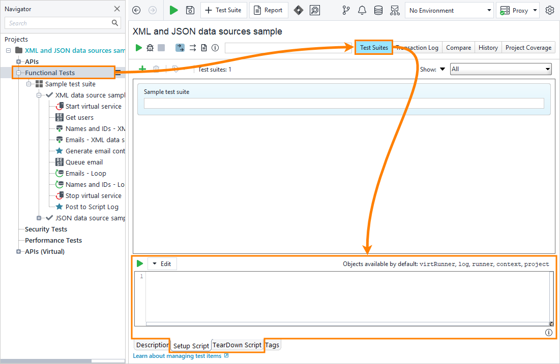 Project-level setup and teardown editors